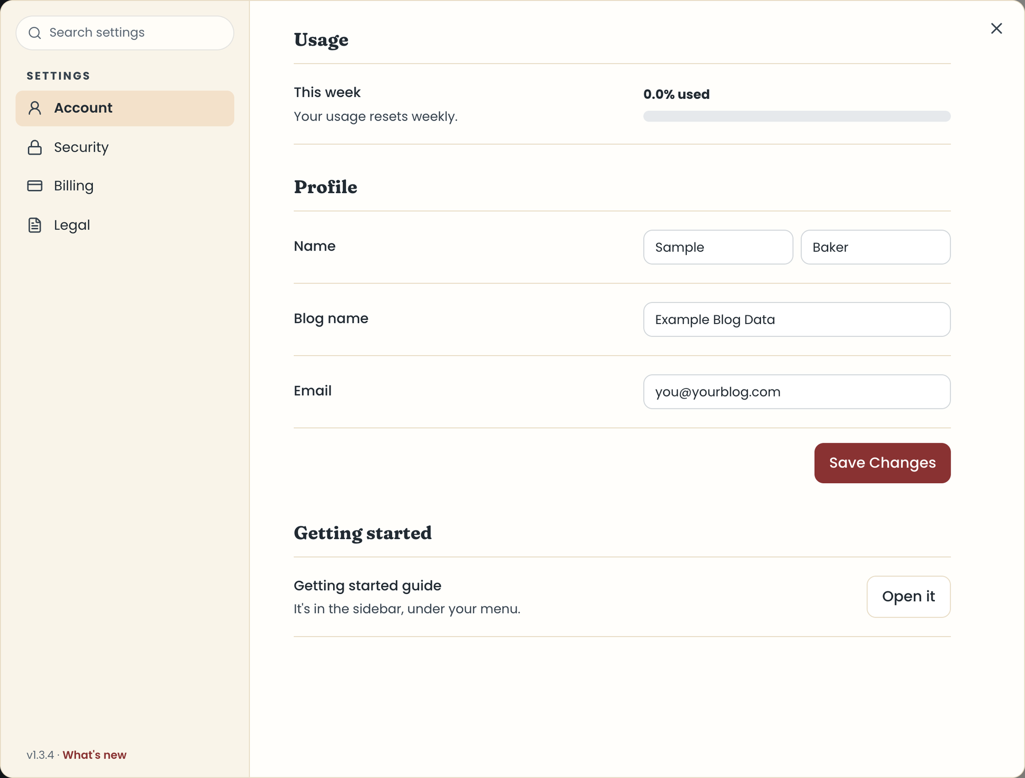 Settings, Account section: Usage, Profile, and Getting started