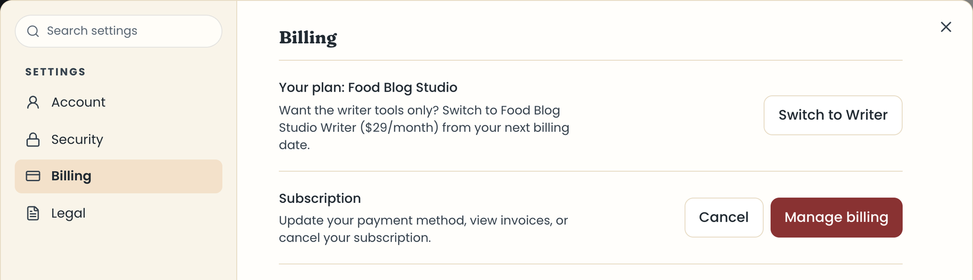 Settings, Billing section with Switch to Writer, Cancel, and Manage billing