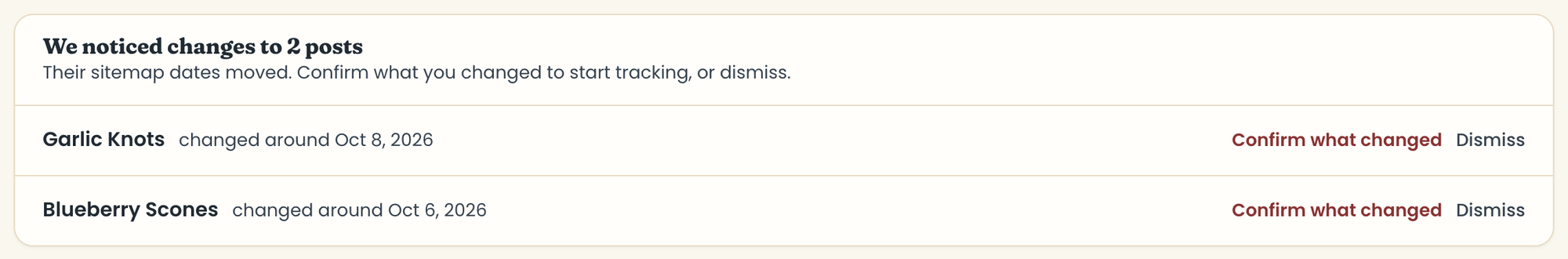 The We noticed changes box with Confirm what changed and Dismiss