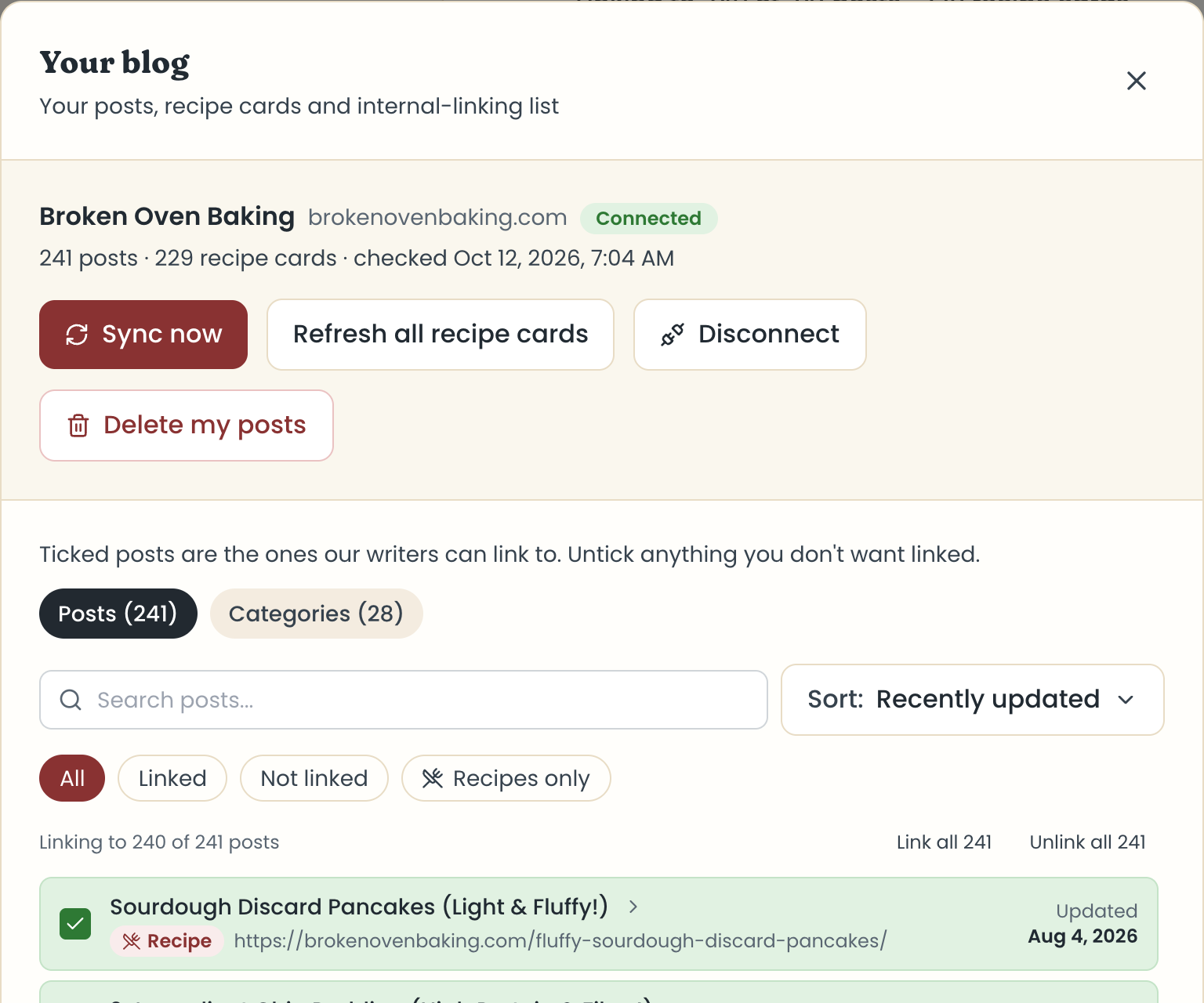 The Your blog popup with Sync now, Refresh all recipe cards, Disconnect, and Delete my posts